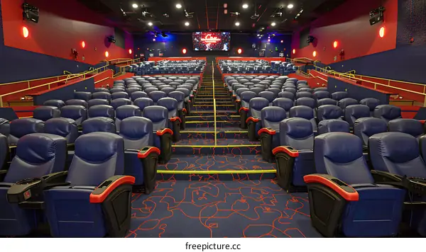 Empty Movie Theater Seats With Red And Blue Seats