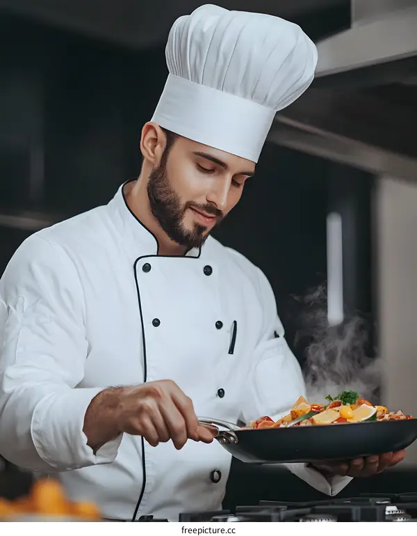 Professional Chef Cooking Delicious Food In Kitchen