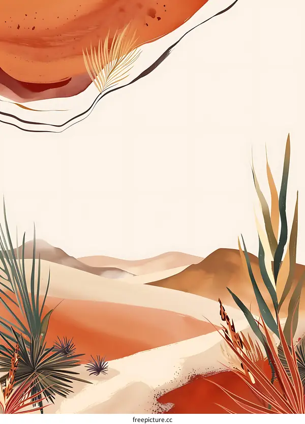Abstract Desert Landscape Illustration with Palm Trees and Grass