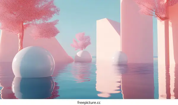 Pink and Blue Surreal Minimalist Landscape With Floating Spheres