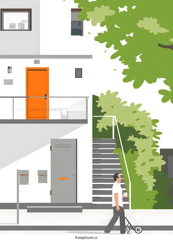 Modern House Exterior with Man Walking by Orange Door