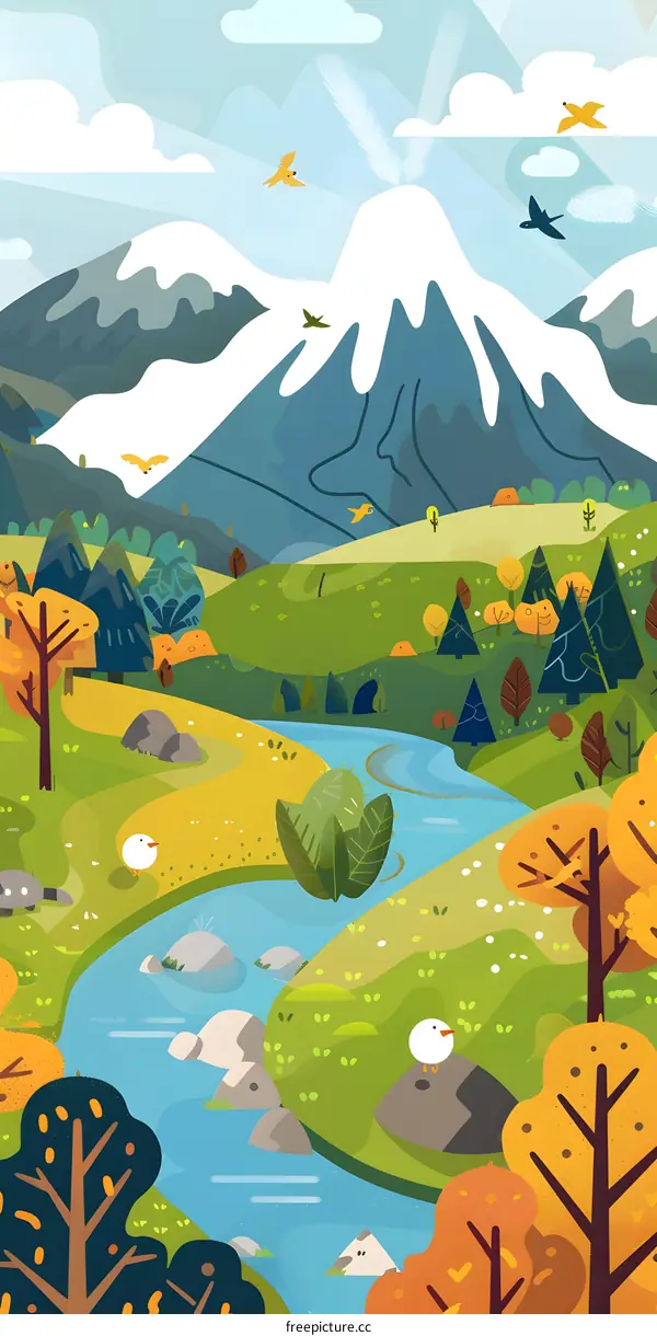 Mountain Landscape Illustration With Birds Flying Over