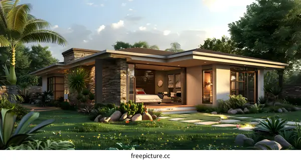 Modern house exterior design with green yard