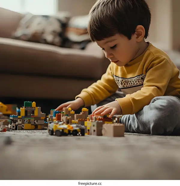 Young Boy Playing with Toy Blocks on the Floor