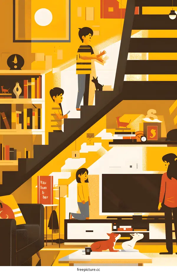Family Living in a Modern Home with Stairs and Dogs