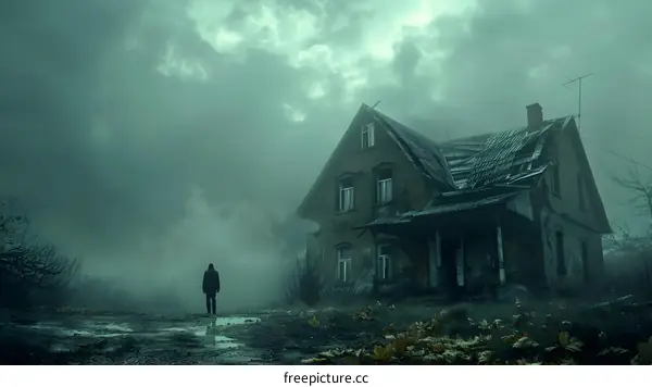 man walking towards a haunted house