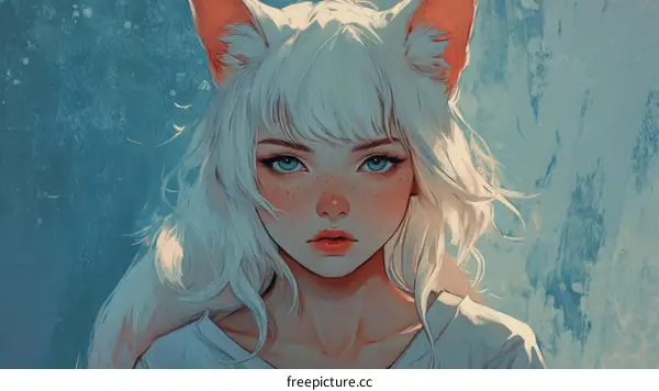 Digital Illustration of a White-Haired Girl with Fox Ears