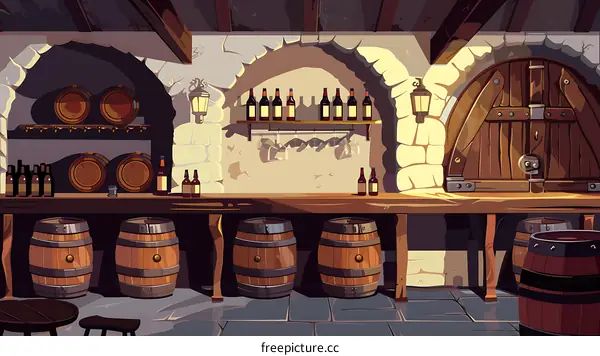 Old Cellar Interior With Barrels And Wine Bottles