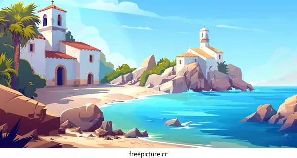 Mediterranean Coastline with Churches and Palm Trees