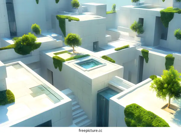 White Concrete Building with Green Plants and a Pool