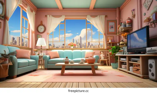 Cozy pink living room with city view