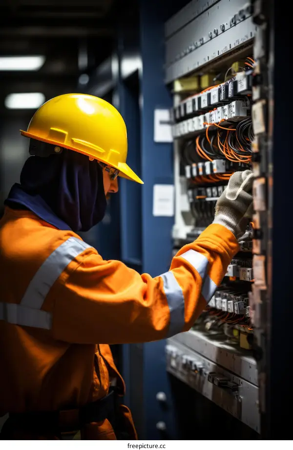 technician in protective gear working on electrical panel