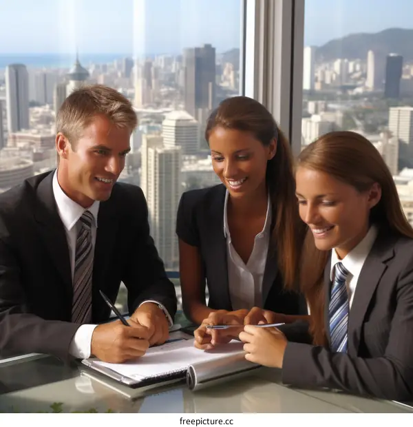 Three business people in suits smiling and looking at a notebook while sitting at a conference table with a cityscape in the background
