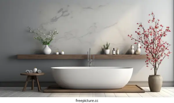 A bathroom with a bathtub, a shelf, and a potted plant