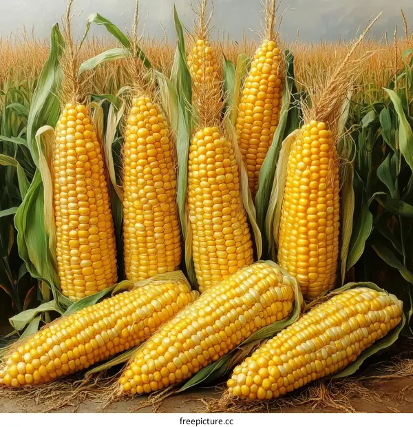 Fresh Corn Cob in Field Harvest