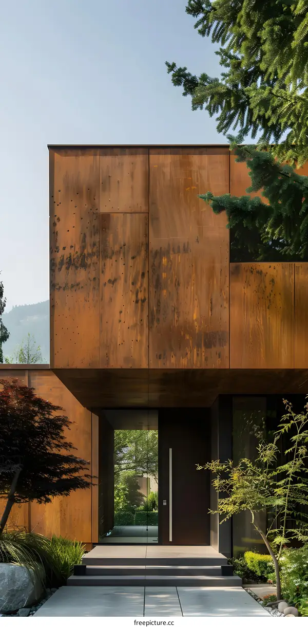 Modern House with Rusted Metal Exterior and Green Trees