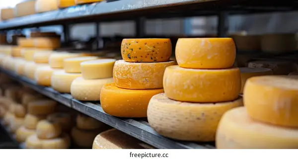 Aged Cheese Wheels on Warehouse Shelves