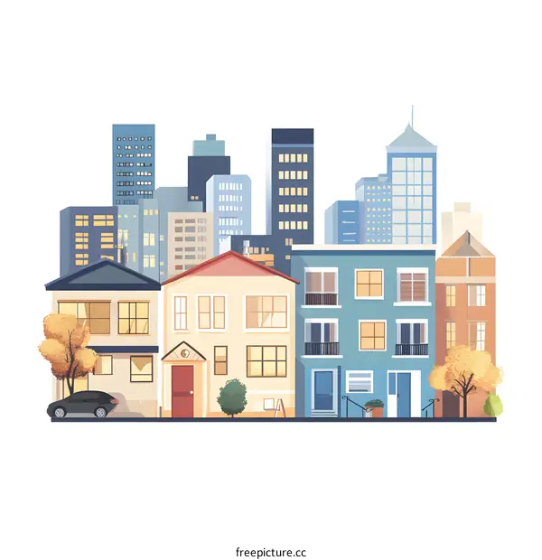 Cityscape Illustration with Modern Buildings and Houses