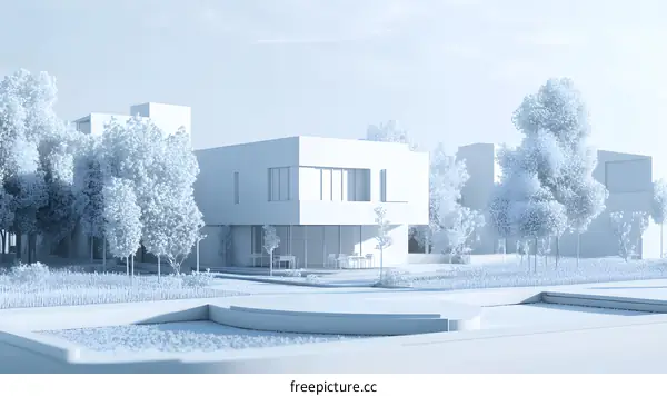 3D Model of a Modern House with Trees and a Patio