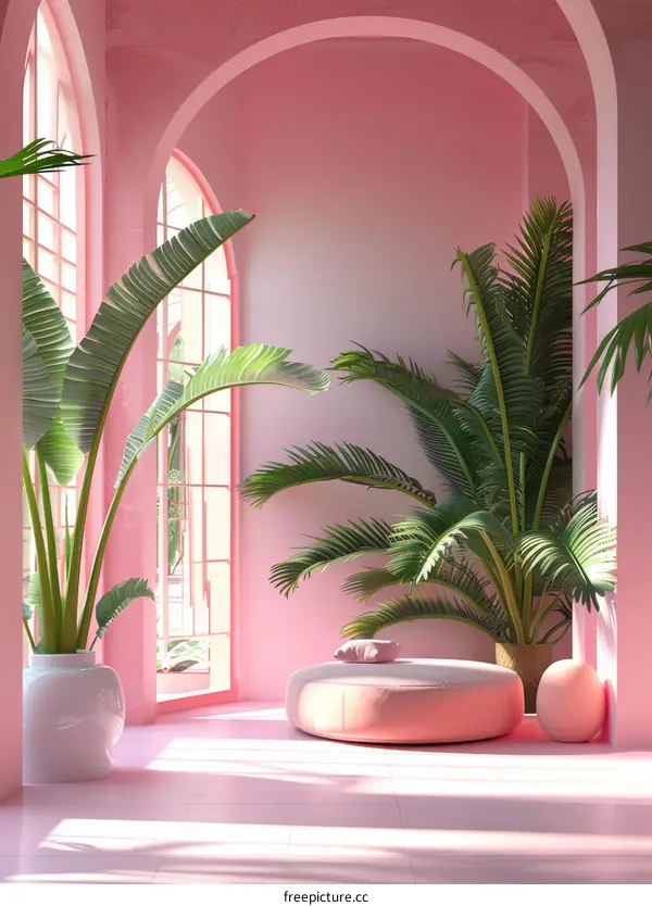 Pastel Pink Room with Tropical Plants
