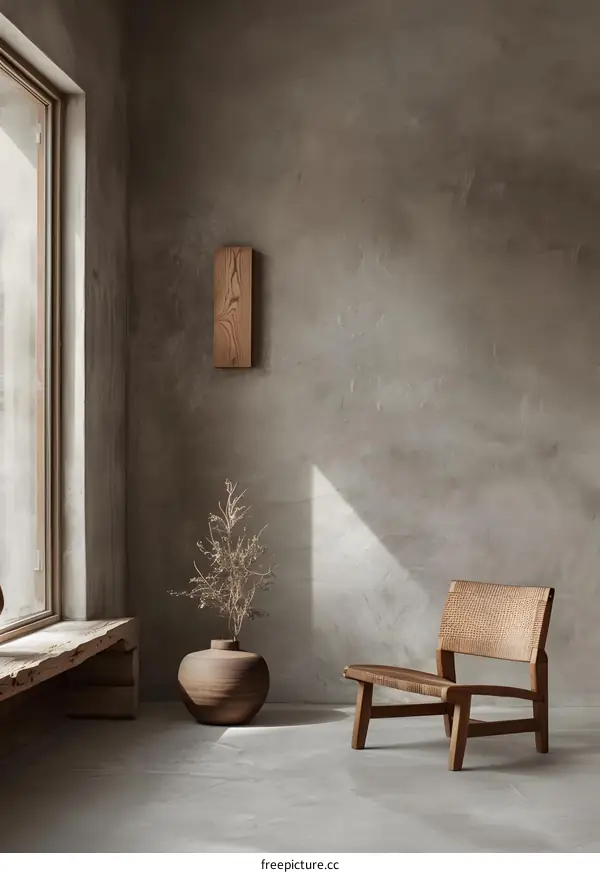 Minimalist Interior Design with Concrete Walls and Wooden Furniture
