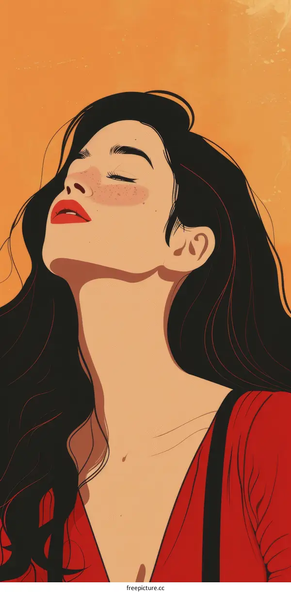 portrait of a beautiful dark-haired woman with freckles and red lips