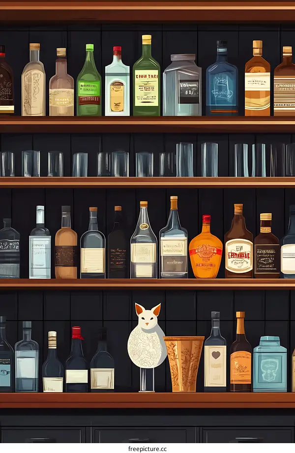 Illustration of a Bar with Alcohol Bottles and Glasses
