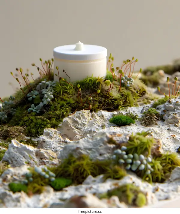 White Cream Jar on Mossy Rocks