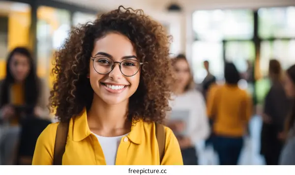 portrait of a smiling young woman with curly hair wearing glasses