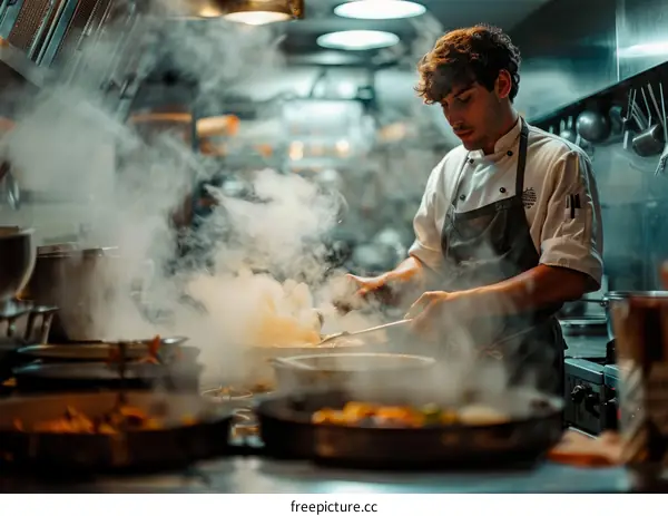 Young male chef cooking in a professional kitchen