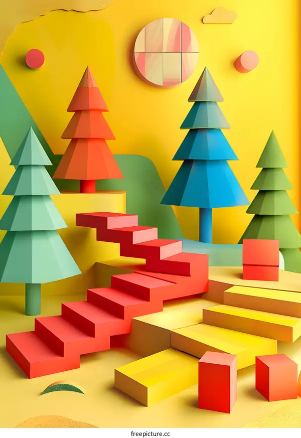 Colorful 3D Papercut Illustration of a Stairway in a Forest