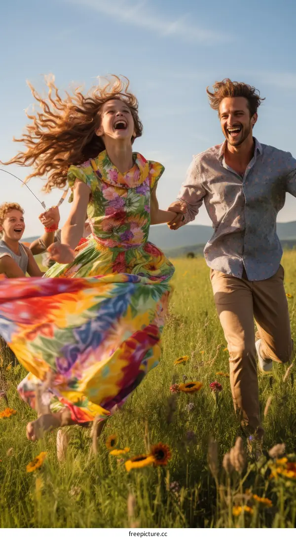 A family is running through a field of flowers. A man, a woman, and two children are holding hands and smiling.