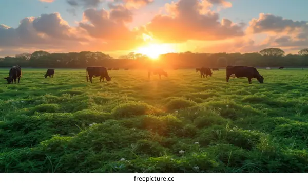 Cows grazing in a lush green field with a beautiful sunset in the background