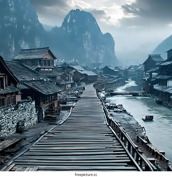 Wooden Bridge Leading to Ancient Chinese Village Surrounded by Mountains