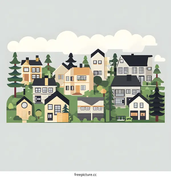 Illustration of a Suburban Neighborhood with Houses and Trees