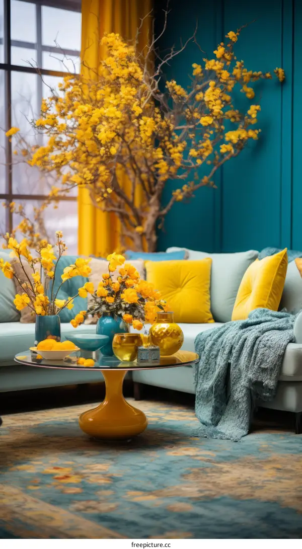 Blue and Yellow Themed Living Room With Floral Arrangement
