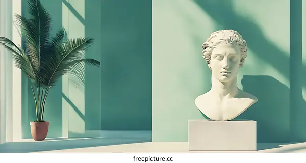 Minimalist Interior Design with a White Sculpture and Palm Tree