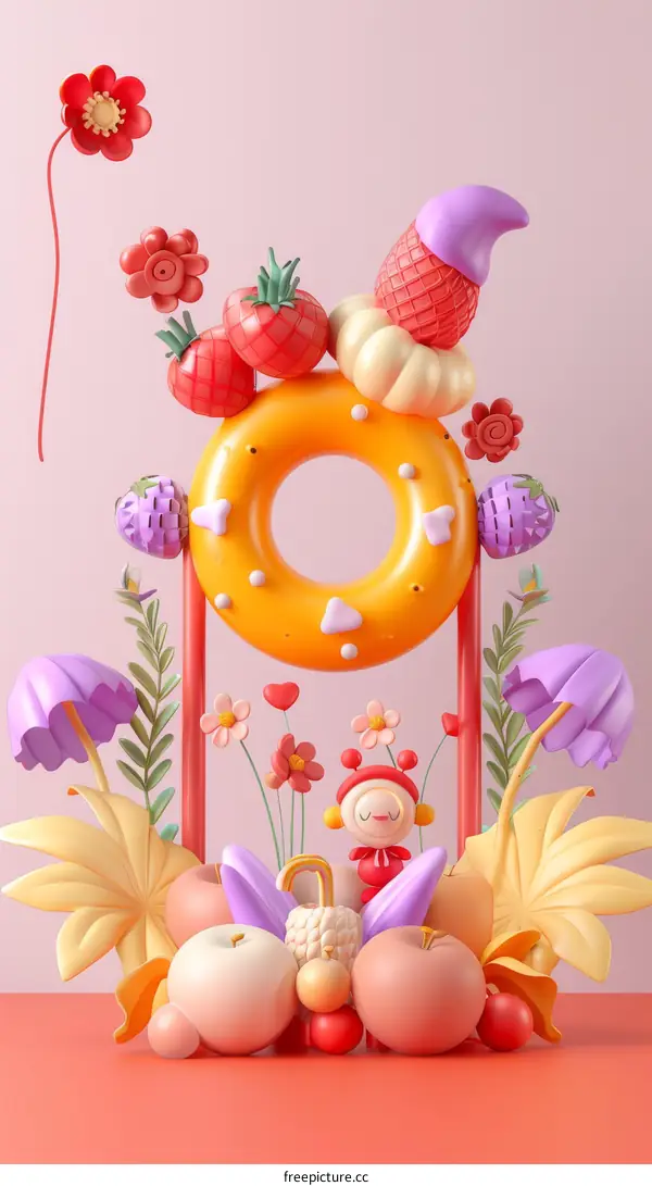 3D rendering of a cute cartoon character in a surreal colorful environment