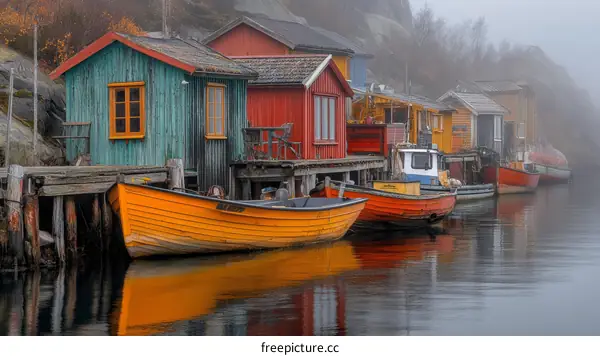 Colorful Fishing Huts and Boats in Misty Harbor