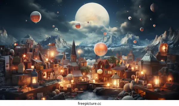 A beautiful fantasy world with a town, mountains, and a moon