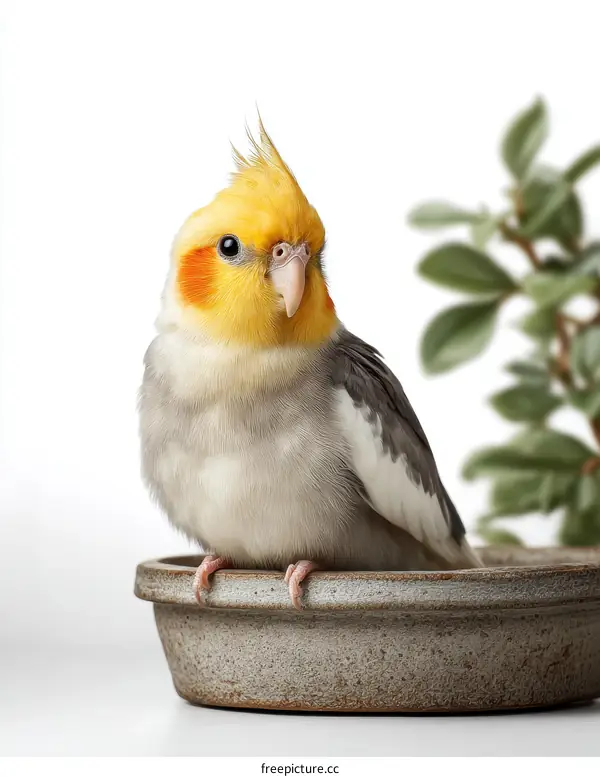 Cute Budgie in a Ceramic Bowl
