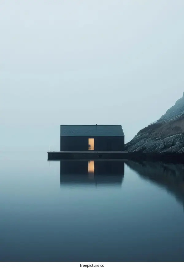 Black House in the Mist on Lake with Mountains at Dawn