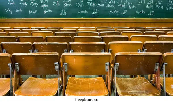 Empty Classroom Chairs Facing a Green Chalkboard
