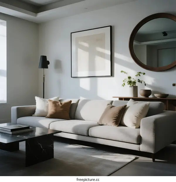 Minimalist living room with neutral tones and soft lighting