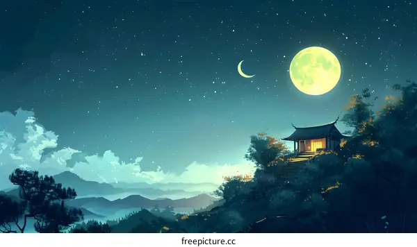 Night Sky With Full Moon and Stars Above a Mountain Landscape