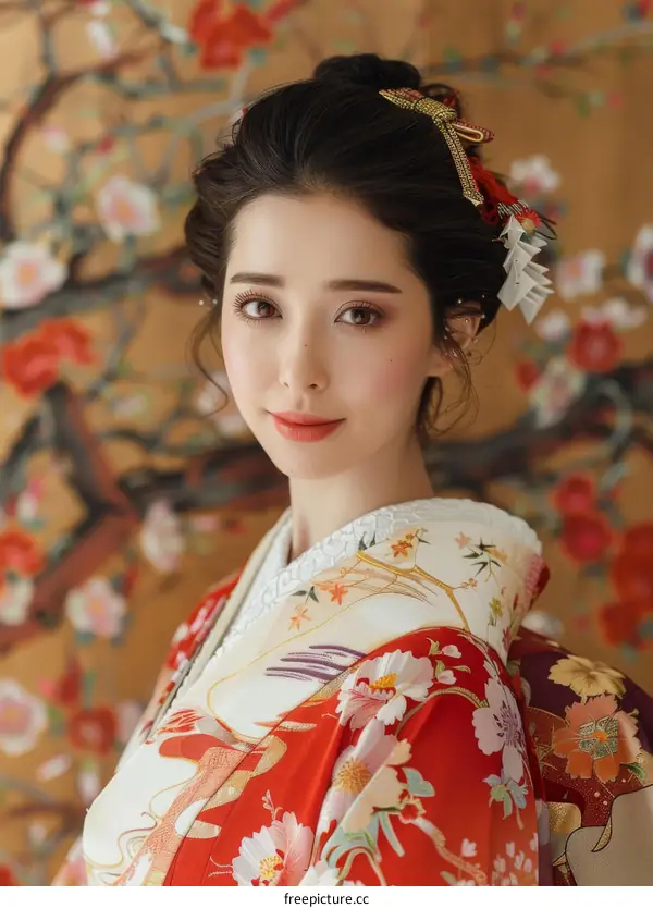 Beautiful Asian Woman Wearing Traditional Japanese Kimono
