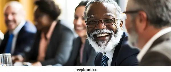 Smiling Senior Businessman in Meeting with Team