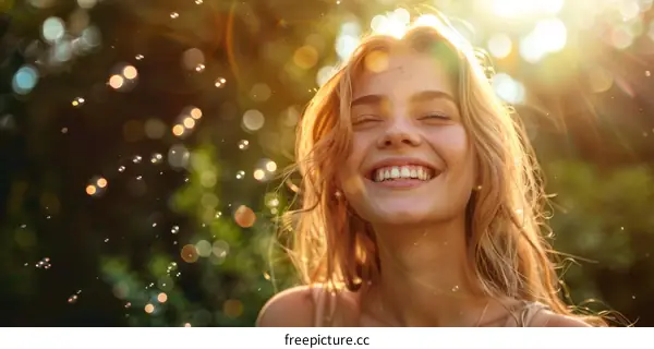 Smiling Blonde Woman Bathed in Sunlight