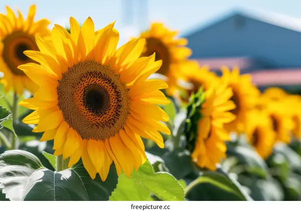 Close-up of a sunflower in a field of sunflowers with a blurred background of a house