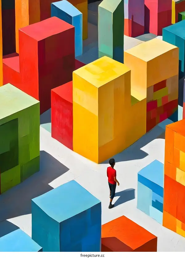 A Young Man Walking Through Colorful Geometric Shapes